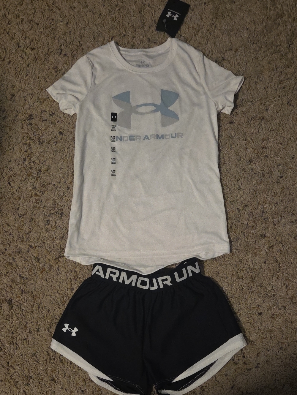 Under Armour White Tee with Gray Logo & Black Athletic Shorts Set